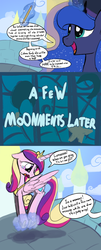 Size: 1280x3158 | Tagged: safe, artist:darkflame75, princess cadance, princess luna, lunadoodle, g4, comic, cute, cutedance, magic, magic abuse, teary eyes, telekinesis