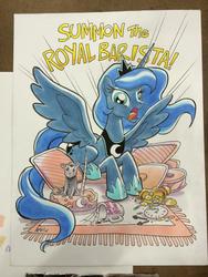 Size: 600x800 | Tagged: safe, artist:tony fleecs, princess luna, tiberius, g4, alarm clock, coffee mug, majestic as fuck, pillow, traditional art, traditional royal canterlot voice