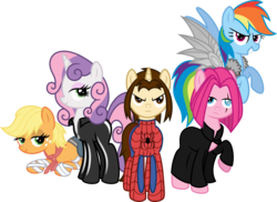 Size: 8241x6000 | Tagged: safe, artist:mactavish1996, artist:zoevulpez, applejack, pinkie pie, rainbow dash, sweetie belle, earth pony, pegasus, pony, unicorn, absurd resolution, adult, amputee, artificial wings, augmented, blind, catsuit, clothes, crossover, female, future, jacket, latex, latex suit, male, mare, older, older sweetie belle, peter parker, pinkamena diane pie, prosthetic limb, prosthetic wing, prosthetics, scar, simple background, spider-man, spiders and magic iii: days of friendship past, spiders and magic: rise of spider-mane, stallion, transparent background, vector, wings