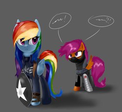 Size: 919x840 | Tagged: safe, artist:supermare, rainbow dash, scootaloo, pegasus, pony, g4, captain america, winter soldier