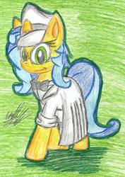Size: 928x1308 | Tagged: safe, artist:fuzon-s, artist:krazykari, oc, oc only, oc:milky way, pony, clothes, colored, female, freckles, looking at you, mare, smiling, solo, traditional art, uniform, walking