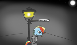 Size: 795x475 | Tagged: safe, rainbow dash, pony, semi-anthro, g4, bipedal, cigarette, clothes, female, lamp, mare, necktie, night, smoking, solo, street, wingless