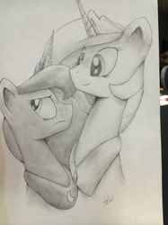 Size: 1280x1707 | Tagged: safe, artist:anticular, princess celestia, princess luna, alicorn, pony, g4, duo, duo female, female, grayscale, mare, monochrome, peytral, sketch, traditional art