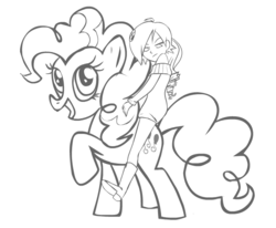 Size: 690x569 | Tagged: artist needed, safe, pinkie pie, oc, oc:zone-tan, earth pony, human, pony, g4, boots, clothes, female, humans riding ponies, mare, monochrome, riding, shoes, sweater, wtf, zone-sama