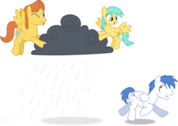 Size: 7000x4992 | Tagged: safe, artist:chainchomp2, brolly, sunshower raindrops, warm front, whitewash, pegasus, pony, g4, :p, absurd resolution, cloud, female, looking at you, male, mare, raincloud, simple background, stallion, tongue out, transparent background, vector, wink