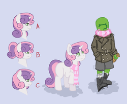 Size: 1584x1296 | Tagged: safe, artist:m8, sweetie belle, oc, oc:anon, human, g4, /mlp/, anonymous, blushing, clothes, kid anon, scarf, sketch