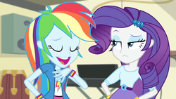 Size: 1920x1080 | Tagged: safe, screencap, rainbow dash, rarity, equestria girls, g4, my little pony equestria girls: rainbow rocks, eyes closed, faic, female, frown, raised eyebrow, unamused