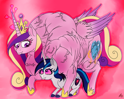 Size: 1280x1024 | Tagged: safe, artist:baronbulge, princess cadance, shining armor, g4, female, fetish, gleaming shield, lesbian, love, love magic, magic, muscle fetish, muscles, overdeveloped muscles, princess ca-dense, role reversal, rule 63, ship:gleaming cadance, ship:shiningcadance, shipping, someone got their idea of muscle definition from akira, vein, wat