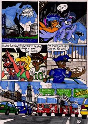 Size: 752x1063 | Tagged: safe, artist:newyorkx3, flash sentry, twilight sparkle, alicorn, human, pony, comic:twilight and the big city, g4, bmw, car, comic, female, fire engine, flying, ford, ford crown victoria, mare, police, police car, police officer, taxi, traditional art, twilight sparkle (alicorn)