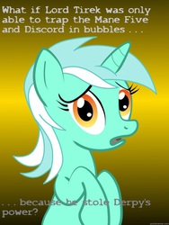 Size: 625x833 | Tagged: safe, derpy hooves, lord tirek, lyra heartstrings, pegasus, pony, unicorn, g4, my little pony: friendship is magic, twilight's kingdom, bubble, conspiracy lyra, exploitable meme, female, mare, meme, mind blown