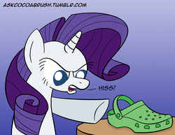 Size: 1280x989 | Tagged: safe, artist:cocoabrush, rarity, g4, 30 minute art challenge, crocs, female, frown, glare, hissing, open mouth, pointing, shoes, solo