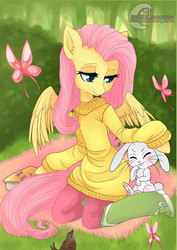 Size: 1024x1450 | Tagged: safe, artist:xxmoondropsxx, angel bunny, fluttershy, semi-anthro, g4, book, clothes, female, solo, sweatershy