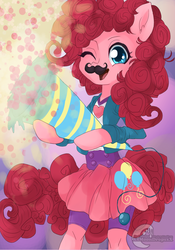 Size: 1024x1466 | Tagged: safe, artist:xxmoondropsxx, pinkie pie, earth pony, semi-anthro, g4, clothes, equestria girls outfit, female, moustache, party popper, solo