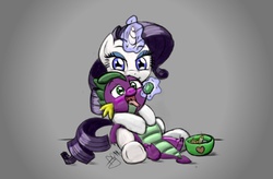Size: 1216x800 | Tagged: safe, artist:pia-sama, edit, rarity, spike, pony, unicorn, g4, colored, cute, feeding, female, gem, hug, magic, male, mare, open mouth, ship:sparity, shipping, sketch, smiling, spikelove, straight, telekinesis, tongue out