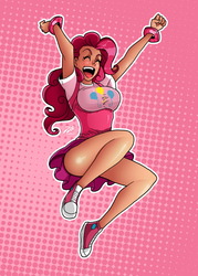 Size: 3600x5026 | Tagged: safe, artist:darkereve, artist:mesiasart, pinkie pie, human, g4, bracelet, breasts, busty pinkie pie, clothes, converse, eyes closed, female, humanized, jumping, outline, schrödinger's pantsu, shoes, skirt, solo, strategically covered, underbust, white outline