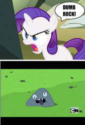 Size: 1024x1500 | Tagged: safe, screencap, rarity, g4, the cutie mark chronicles, adventure time, cartoon network, comic, crossover, dumb rock, filly, male, rock