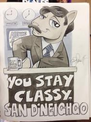 Size: 768x1024 | Tagged: safe, artist:andypriceart, earth pony, pony, anchorman, andy you magnificent bastard, clock, clothes, facial hair, male, moustache, mug, necktie, ponified, ron burgundy, signature, solo, stallion, suit, text, traditional art