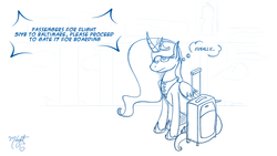 Size: 1250x703 | Tagged: safe, artist:midnightsix3, princess luna, lunadoodle, g4, curved horn, female, horn, luggage, monochrome, solo