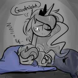 Size: 1280x1280 | Tagged: safe, artist:jankrys00, princess luna, alicorn, pony, lunadoodle, g4, blob pony, chubbie, duo, female, goodnight, onomatopoeia, sound effects, zzz