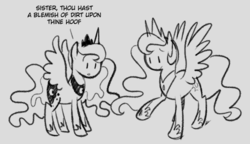 Size: 500x288 | Tagged: safe, artist:egophiliac, princess celestia, princess luna, g4, dialogue, monochrome