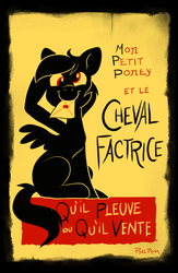 Size: 810x1242 | Tagged: safe, artist:pixel-prism, derpy hooves, pegasus, pony, bronycon, g4, 2014, convention, female, fine art parody, french, la tournée du chat noir avec rodolphe salis, le chat noir, letter, mare, mouth hold, poster, silhouette, solo