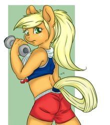 Size: 800x909 | Tagged: safe, artist:fen-fen, applejack, anthro, g4, alternate hairstyle, clothes, female, gym, looking back, midriff, solo, sports bra, sports shorts, towel, weight lifting, weights, workout