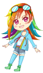 Size: 175x300 | Tagged: safe, artist:reaper145, rainbow dash, human, g4, blushing, boots, chibi, clothes, denim shorts, goggles, humanized, jacket, pixel art, shirt, shoes, shorts, socks