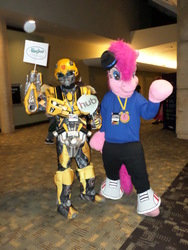 Size: 1944x2592 | Tagged: safe, pinkie pie, bronycon, g4, bumblebee (transformers), fursuit, hubble, irl, photo, rapper pie, transformers