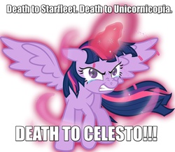 Size: 1265x1105 | Tagged: safe, artist:mangaka-girl, edit, twilight sparkle, oc, oc:grand ruler celesto, alicorn, pony, g4, angry, aura, context is for the weak, crying, ears back, fanfic, female, fury, glare, heresy, image macro, implied oc, looking at you, magic, mare, meme, my little unicorn, nose wrinkle, rage, simple background, solo, spread wings, super saiyan princess, this will end in pain, this will end in pain and/or death, this will end in revolution, this will end in war, this will end with war, this will not end well, twilight sparkle (alicorn), twilight sparkle is not amused, unamused, vector, white background, wide eyes, wrath