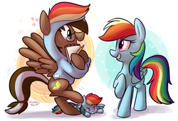 Size: 1500x1023 | Tagged: safe, artist:thedoggygal, rainbow dash, oc, oc:yoshi ringo, pegasus, pony, g4, bipedal, clothes, costume, excited, fan, glasses, grin, hoodie, nervous, open mouth, plushie, raised hoof, raised leg, shivering, smiling, spread wings, squee, sweat, wingding eyes