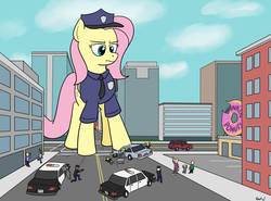 Size: 1799x1329 | Tagged: safe, artist:rapidstrike, fluttershy, pony, g4, arrest, car, crushing, donut, giant pony, giantshy, macro, police, police uniform