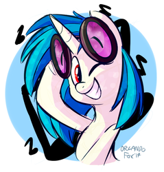Size: 610x638 | Tagged: safe, artist:thedoggygal, dj pon-3, vinyl scratch, pony, unicorn, g4, abstract background, bust, cute, female, mare, music notes, portrait, smiling, solo, vinylbetes, wink