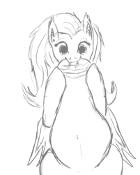 Size: 883x1099 | Tagged: safe, artist:patch, fluttershy, g4, belly, belly button, cute, eating, female, flutterbat, hoof hold, juice, looking at you, monochrome, nom, on back, pregnant, sketch, smiling, solo, star fruit