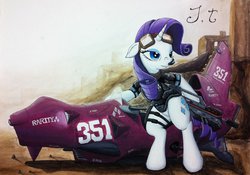 Size: 1600x1121 | Tagged: safe, artist:jet-ann, rarity, pony, g4, armor, bipedal, female, futuristic, goggles, gun, hoverbike, painting, rifle, science fiction, solo, wasteland