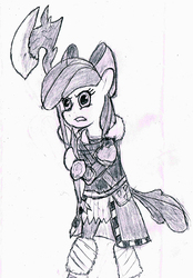 Size: 713x1024 | Tagged: safe, artist:derpsickle, apple bloom, g4, armor, axe, female, final fantasy, monochrome, solo, traditional art, warrior