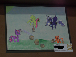 Size: 2048x1536 | Tagged: safe, apple bloom, fluttershy, princess luna, twilight sparkle, g4, drawing, photo, target demographic