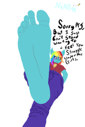 Size: 730x1095 | Tagged: safe, artist:nenbee, applejack, rainbow dash, anthro, plantigrade anthro, g4, dialogue, feet, foot fetish, foot focus, giant anthro, giantess, macro, micro, pov, soles, stomping, toes