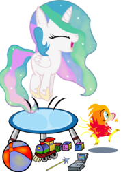 Size: 595x842 | Tagged: safe, artist:paperlover, philomena, princess celestia, alicorn, phoenix, pony, g4, ball, blank flank, cute, cutelestia, female, filly, foal, gameboy advance sp, simple background, toy, train, trampoline, transparent background, wand, younger