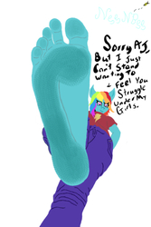 Size: 730x1095 | Tagged: safe, artist:nenbee, applejack, rainbow dash, bee, anthro, plantigrade anthro, g4, barefoot, dirt, dirty, dirty feet, feet, foot fetish, foot focus, giant anthro, giantess, implied applejack, macro, micro, pov, soles, stomping, toes