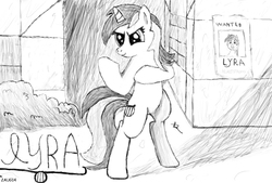 Size: 867x587 | Tagged: safe, artist:2aug14, lyra heartstrings, pony, g4, action pose, bipedal, female, fighting stance, grayscale, lineart, monochrome, smiling, smirk, solo, wanted