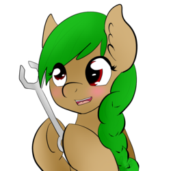 Size: 1024x1024 | Tagged: safe, artist:lumyia, oc, oc only, oc:tool kit, derp, green hair, mechanic, red eyes, wrench