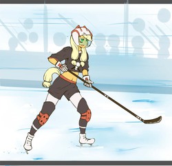 Size: 900x869 | Tagged: safe, artist:meowbox3, applejack, earth pony, anthro, g4, belly button, helmet, hockey, hockey stick, ice skating, midriff, nhl