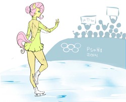 Size: 900x730 | Tagged: safe, artist:meowbox3, fluttershy, anthro, back, figure skating, heart, ice skates, ice skating, olympic games, olympic winter games, olympics, smiling, sochi 2014, waving, winter olympic games, winter olympics