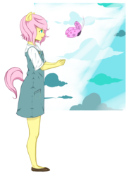 Size: 900x1231 | Tagged: safe, artist:meowbox3, fluttershy, butterfly, anthro, g4, alternate hairstyle, clothes, dress, female, solo
