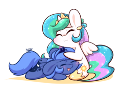 Size: 1024x753 | Tagged: safe, artist:dsp2003, princess celestia, princess luna, pony, g4, :3, bipedal, blushing, chibi, cute, cutelestia, daaaaaaaaaaaw, dsp2003 is trying to murder us, eyes closed, filly, floppy ears, happy, hnnng, hug, lunabetes, open mouth, prone, s1 luna, simple background, sitting, smiling, spread wings, style emulation, transparent background, woona