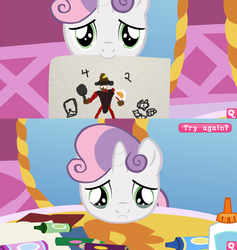 Size: 481x508 | Tagged: safe, sweetie belle, pony, unicorn, g4, coloring with sweetie belle, crying, demoman, demoman (tf2), demopan, exploitable meme, implied rarity, looking at you, meme, rejected, sad, show accurate, team fortress 2, this ended in tears