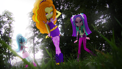 Size: 3840x2160 | Tagged: safe, artist:bastbrushie, artist:imperfectxiii, adagio dazzle, aria blaze, sonata dusk, equestria girls, g4, my little pony equestria girls: rainbow rocks, arm behind head, bedroom eyes, clothes, equestria girls in real life, female, field, forest, gem, grin, high res, looking at you, photo, pose, shadow, siren gem, smiling, the dazzlings, tree, vector