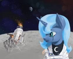 Size: 1280x1024 | Tagged: safe, artist:chickhawk96, princess luna, alicorn, pony, g4, astronaut, crash, crying, female, moon, on the moon, planet, s1 luna, solo, spaceship, spacesuit