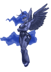 Size: 678x960 | Tagged: safe, artist:chickhawk96, artist:mrs1989, princess luna, alicorn, anthro, g4, colored, crossed arms, female, flying, frown, leotard, simple background, solo, spread wings