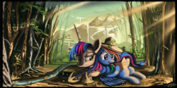 Size: 8640x4320 | Tagged: safe, artist:auroriia, rainbow dash, twilight sparkle, alicorn, pony, g4, absurd resolution, book, female, hat, leaning, mare, reading, scenery, twilight sparkle (alicorn)